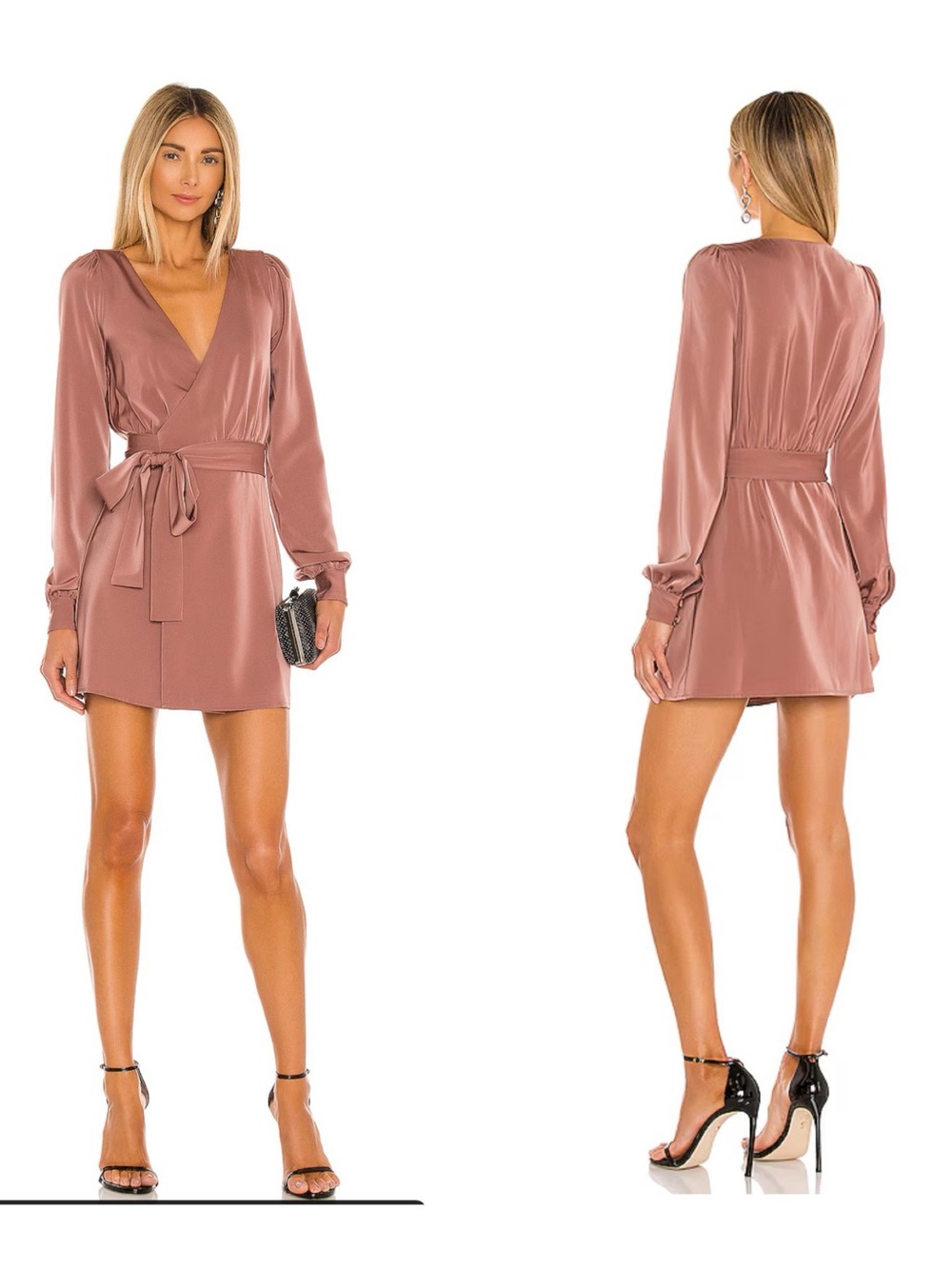NBD XS/S Janet Mauve Long Sleeve Satin Wrap Mini Dress Chic Belted Puff Sleeve